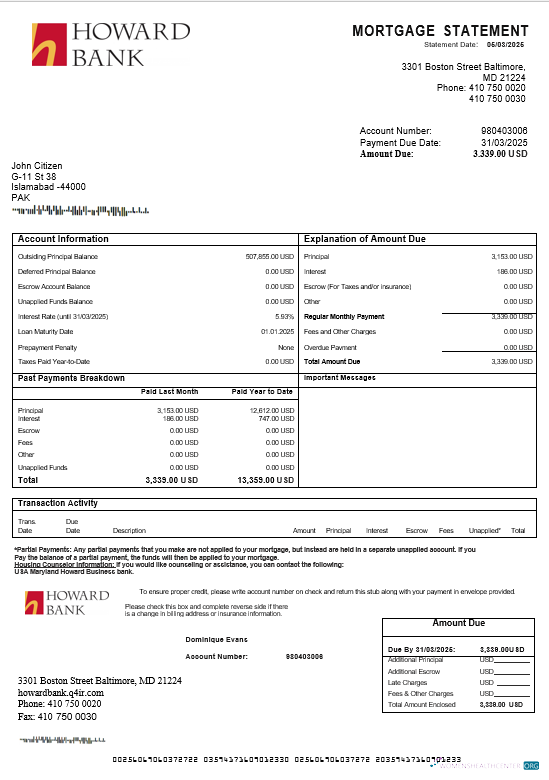 Download USA Maryland Howard Business bank mortgage statement in Word and PDF formats Photoshop template
